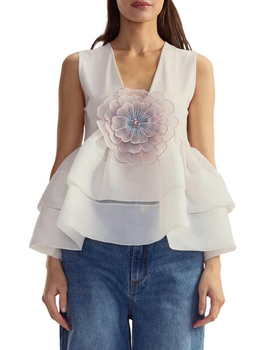 Cynthia Rowley V-Neck Organza Flower Top